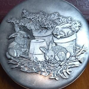 Vintage Pewter Box With Embossed Rabbits And Plants Scene